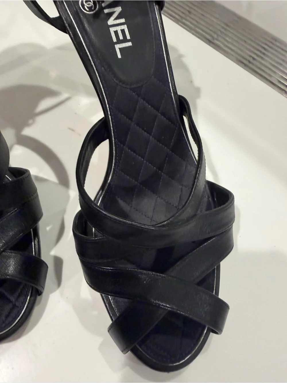 CHANEL Black Leather Crisscross Slingback Heels